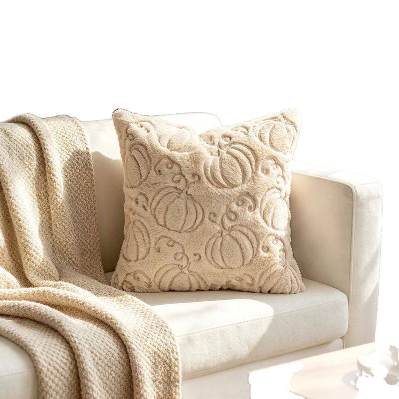 Autumn Plush Decorative Throw Pillow with Embossed Pumpkin Texture