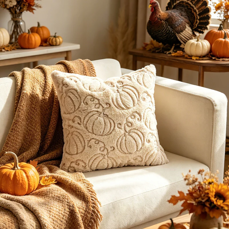 Autumn Plush Decorative Throw Pillow with Embossed Pumpkin Texture