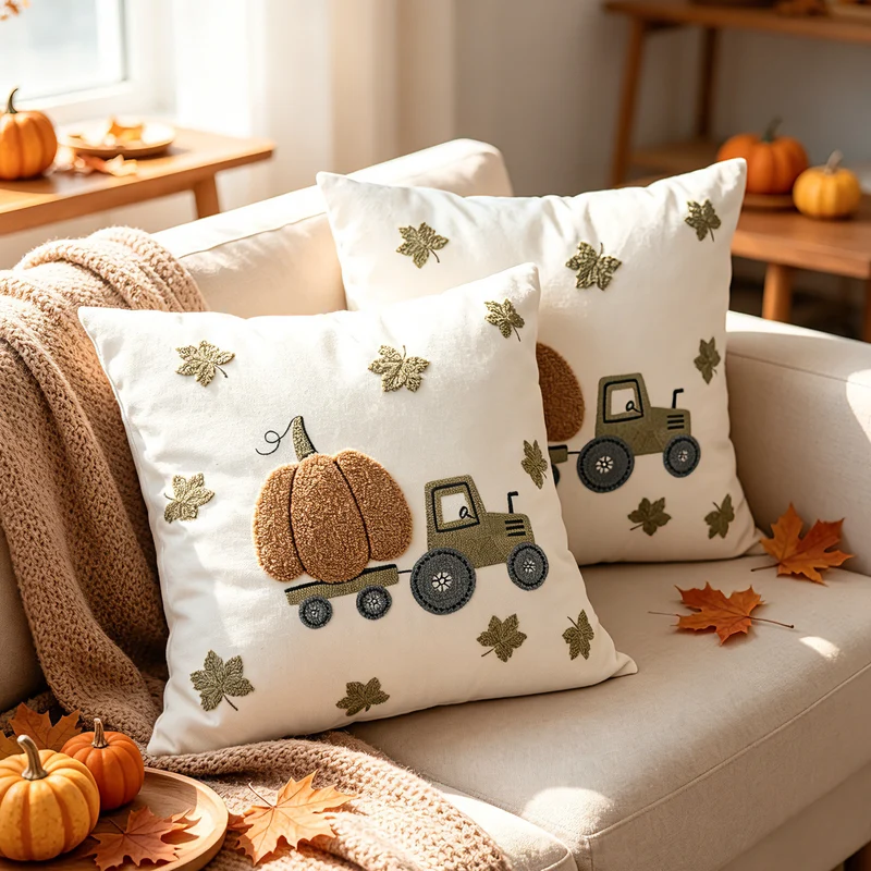 Autumn Embroidered Pumpkin Tractor Linen Throw Pillow