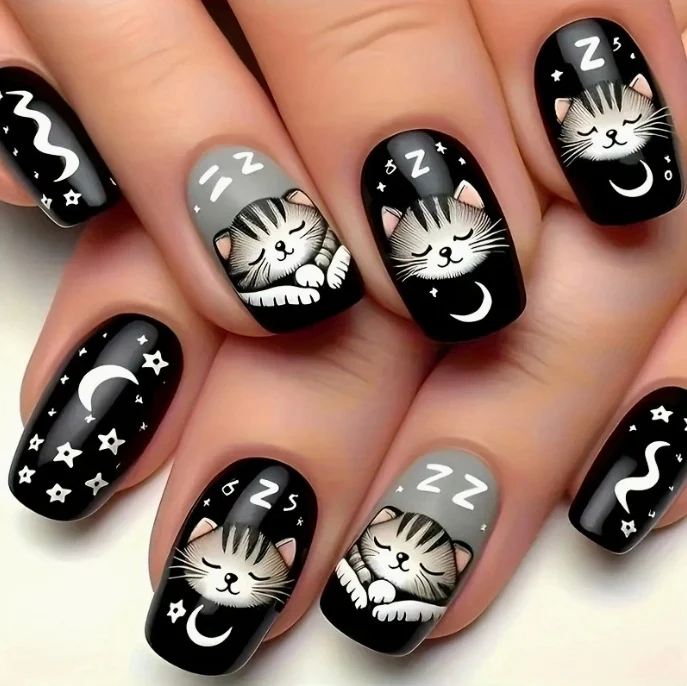 Whimsical Cat-Themed Nail Art Stornfield