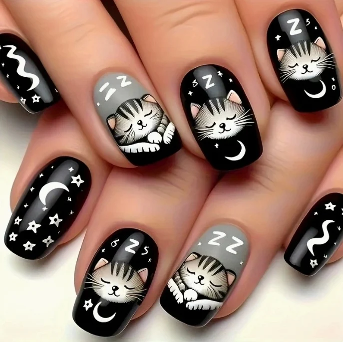 Whimsical Cat-Themed Nail Art Stornfield