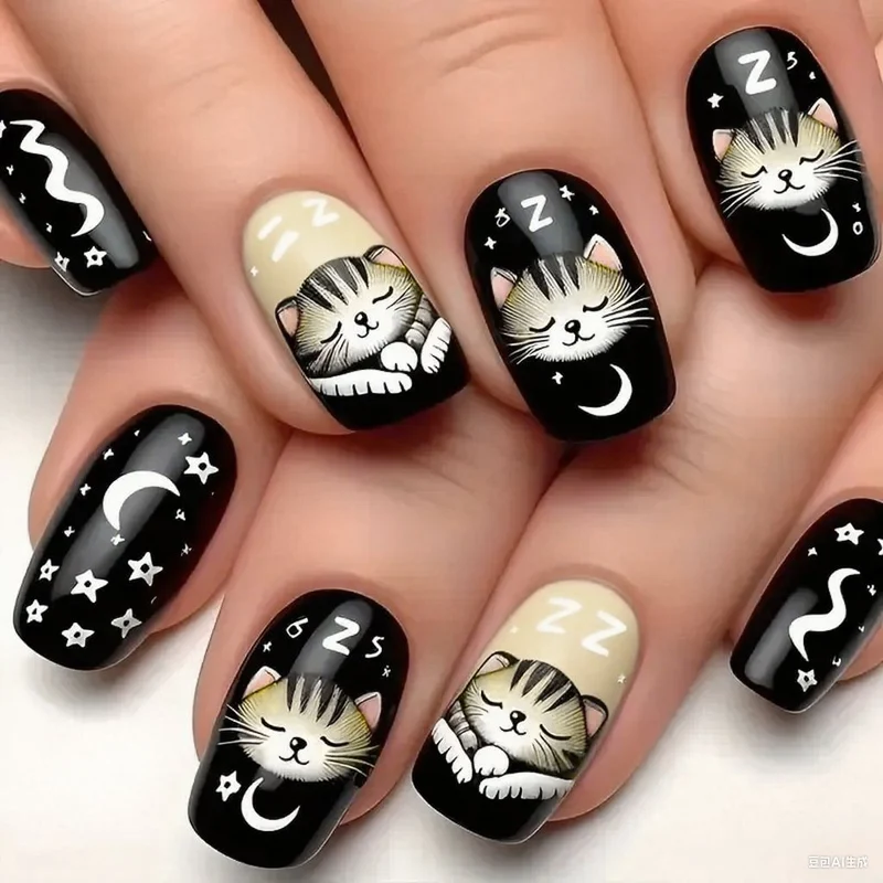 Whimsical Cat-Themed Nail Art Stornfield