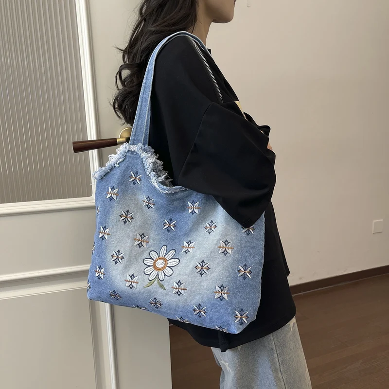 Floral Embroidered Denim Tote Bag