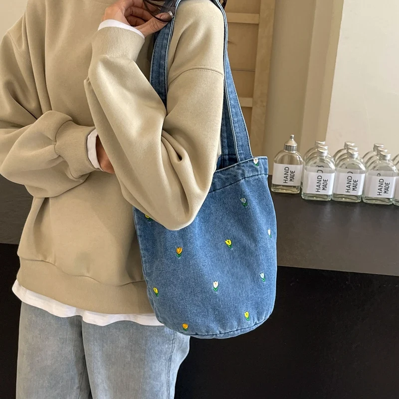 Embroidered Denim Tote Bag