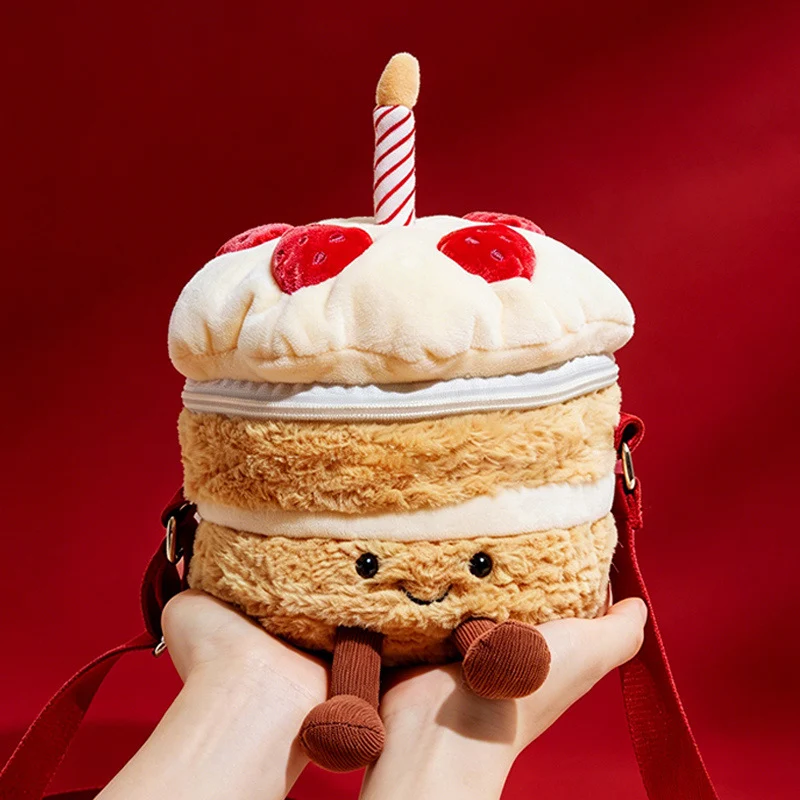 Plush Layered Cake Crossbody Bag with Strawberry Appliques & Candle Topper Stornfield