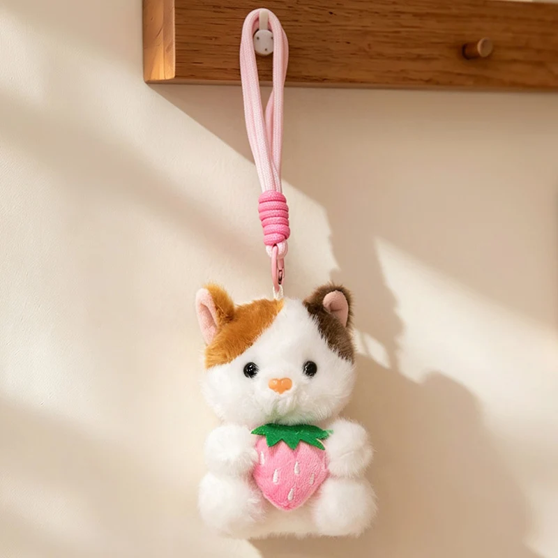 Plush Calico Cat Strawberry Mini Bag Charm Keychain with Soft Rope Loop & Metal Clip Stornfield