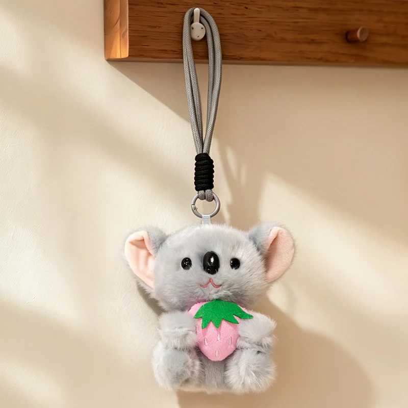 Plush Calico Cat Strawberry Mini Bag Charm Keychain with Soft Rope Loop & Metal Clip Stornfield