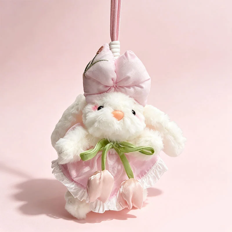 Plush Bunny Bag Charm Keychain with Decorative Bow and Floral Dress Stornfield