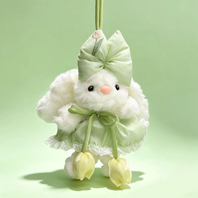 Plush Bunny Bag Charm Keychain with Decorative Bow and Floral Dress Stornfield