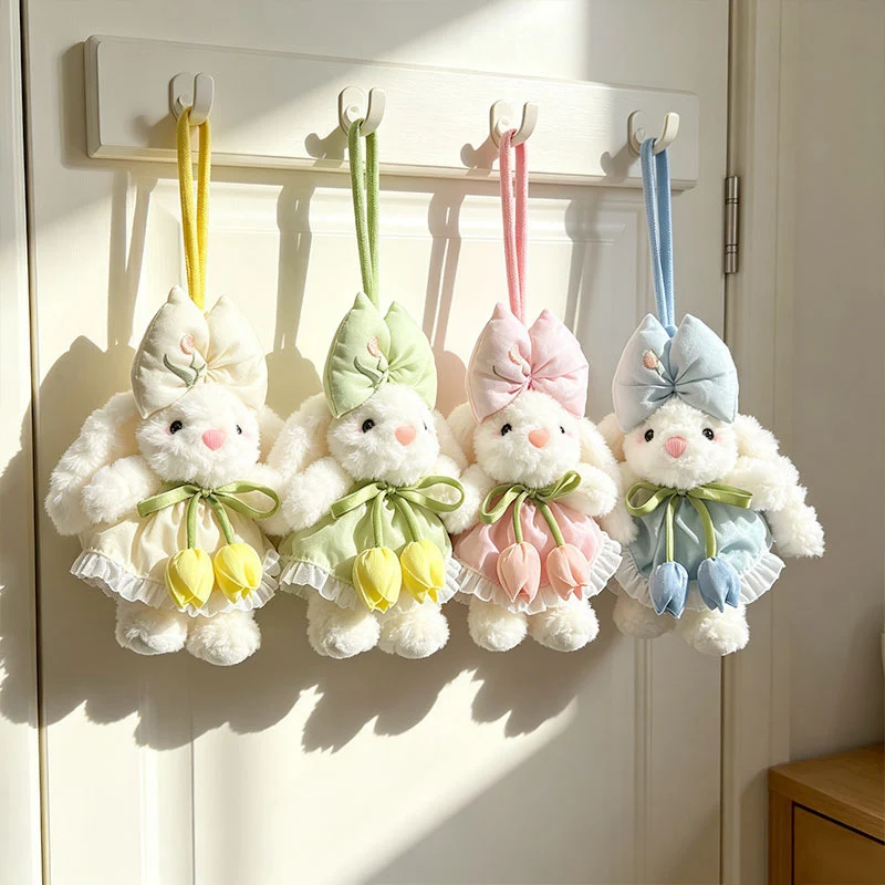 Plush Bunny Bag Charm Keychain with Decorative Bow and Floral Dress Stornfield
