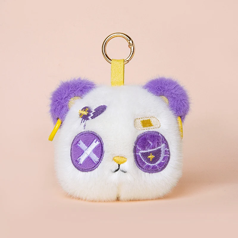 Faux-Fur Bunny Charm Key Fob with Embroidered Patchwork Face and Gold Metal Ring Stornfield