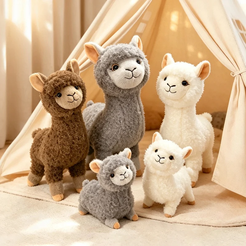 Standing Curly-Fur Alpaca Plush Cuddle Companion with Embroidered Face Stornfield