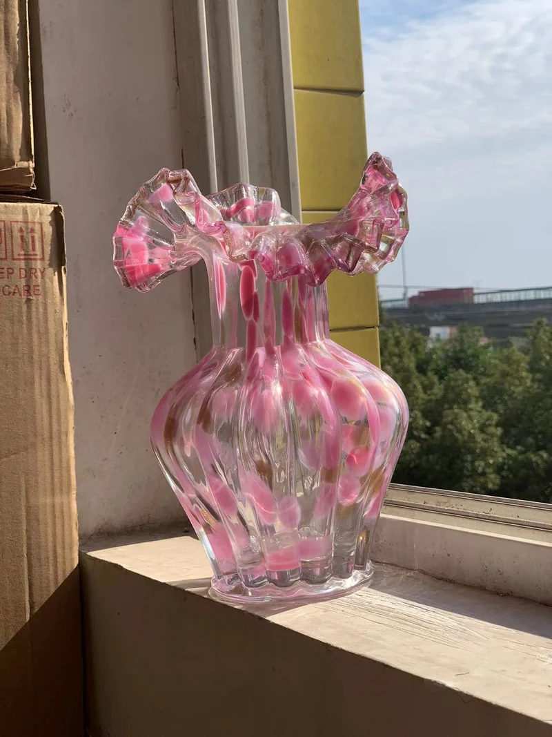 Handblown Ruffled-Rim Bulbous Art Glass Bud Vase Stornfield