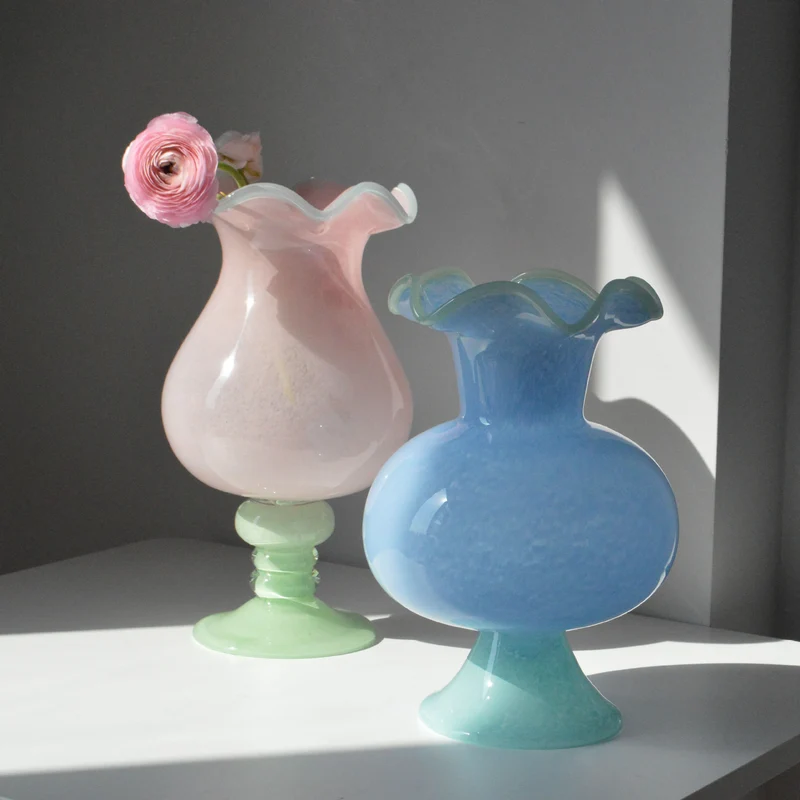 Handblown Ruffled-Rim Bulb-on-Pedestal Art Glass Vase Stornfield