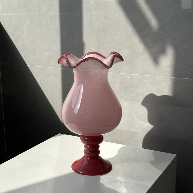 Handblown Ruffled-Rim Bulb-on-Pedestal Art Glass Vase Stornfield