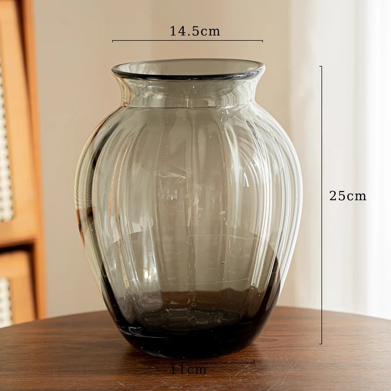 Handblown Ribbed Smoky Glass Bulb Vase with Narrow Neck Stornfield