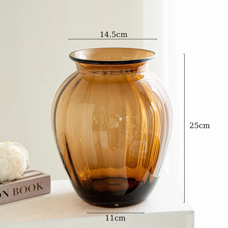 Handblown Ribbed Smoky Glass Bulb Vase with Narrow Neck Stornfield