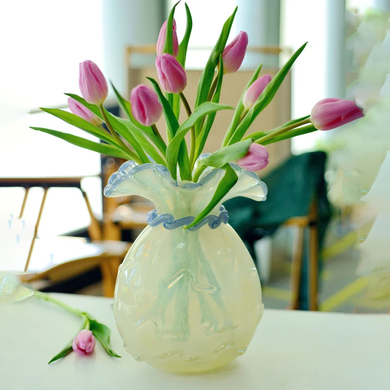 Handblown Opalescent Ruffled-Rim Sculptural Art Glass Vase with Twisted Collar Accent Stornfield