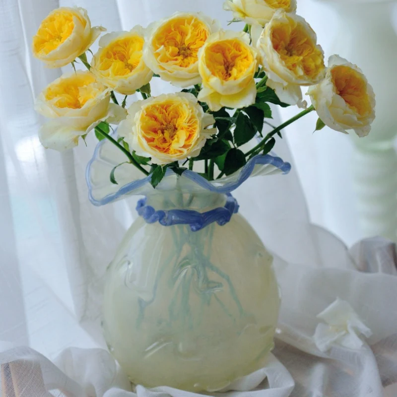 Handblown Opalescent Ruffled-Rim Sculptural Art Glass Vase with Twisted Collar Accent Stornfield