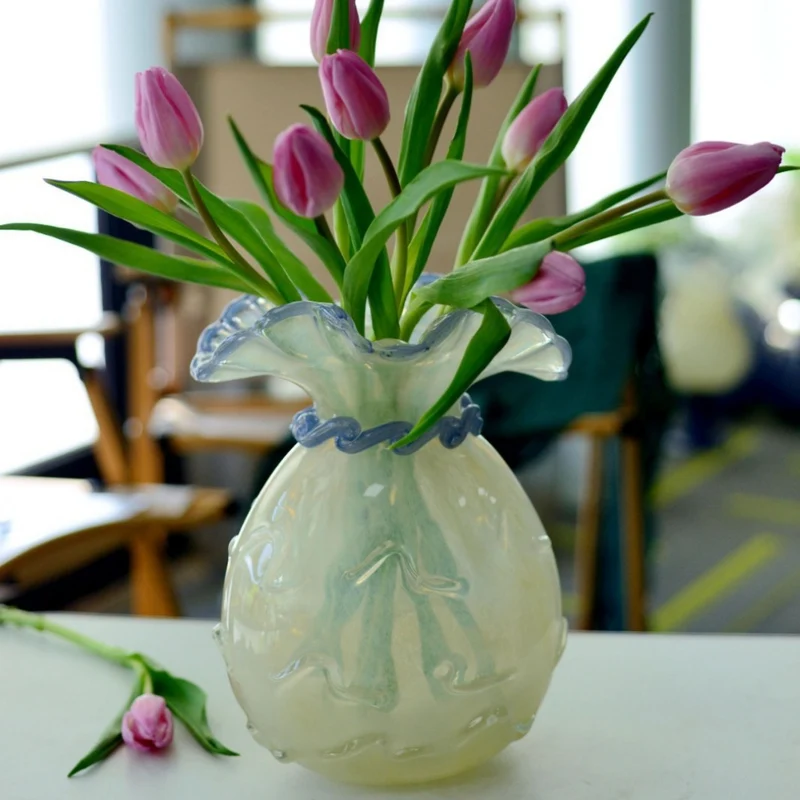 Handblown Opalescent Ruffled-Rim Sculptural Art Glass Vase with Twisted Collar Accent Stornfield