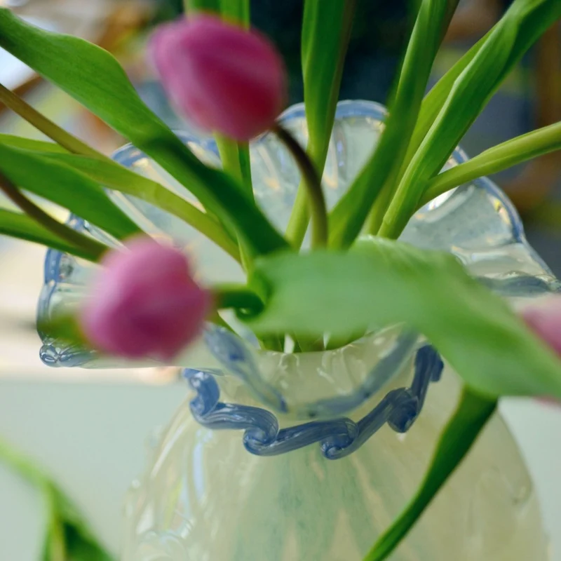 Handblown Opalescent Ruffled-Rim Sculptural Art Glass Vase with Twisted Collar Accent Stornfield