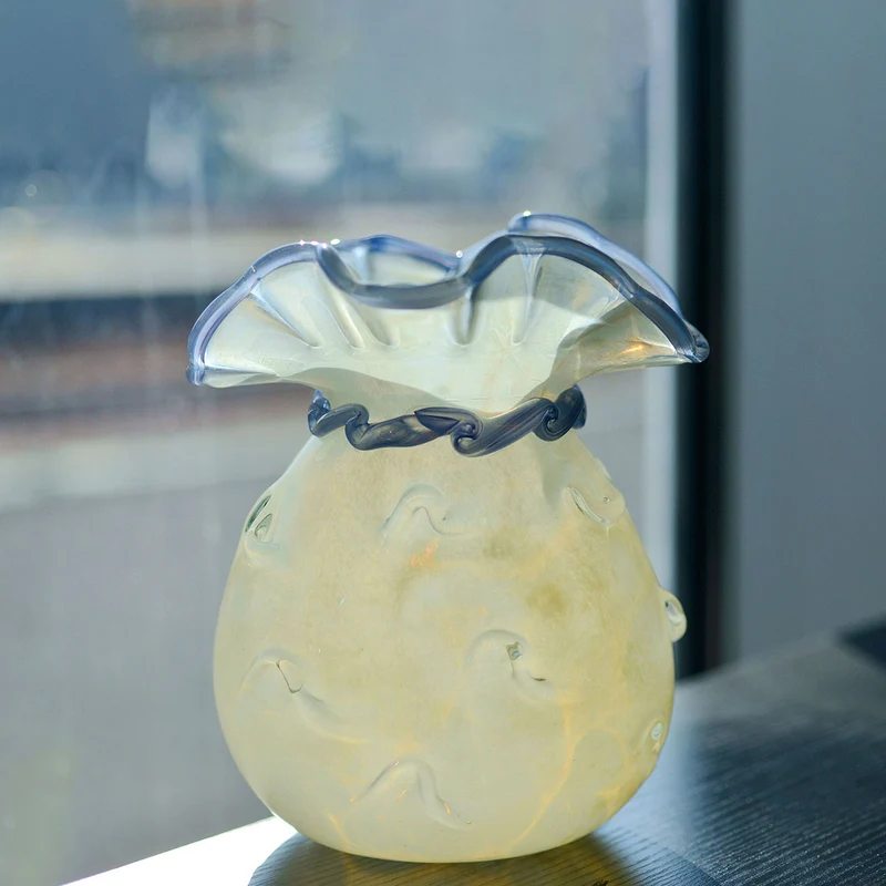 Handblown Opalescent Ruffled-Rim Sculptural Art Glass Vase with Twisted Collar Accent Stornfield