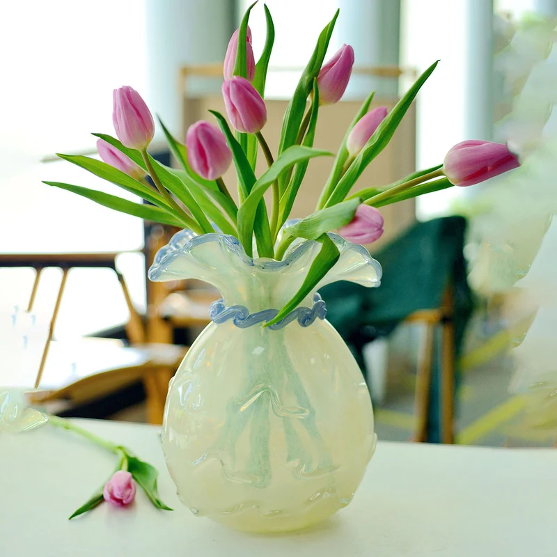 Handblown Opalescent Ruffled-Rim Sculptural Art Glass Vase with Twisted Collar Accent Stornfield