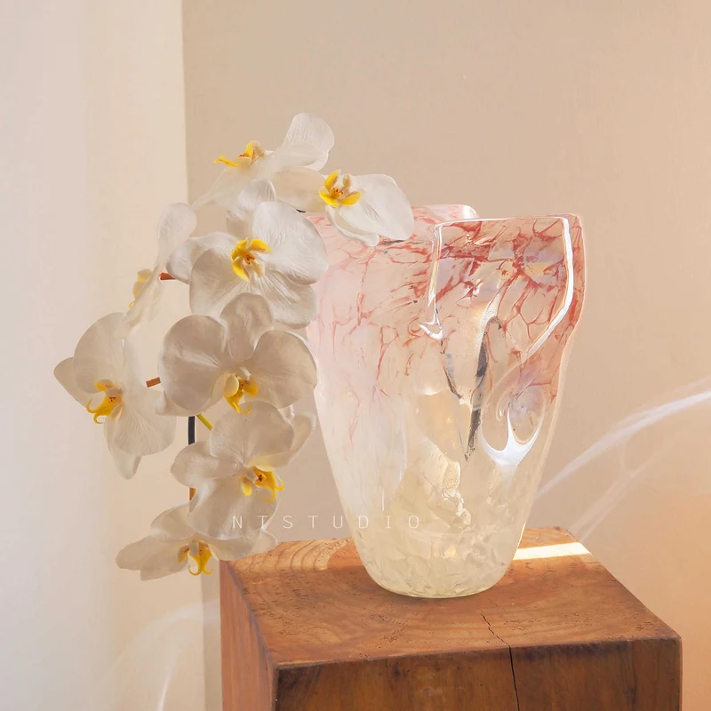 Handblown Marble-Effect Tall Sculptural Glass Vase with Organic Ruffled Rim Stornfield