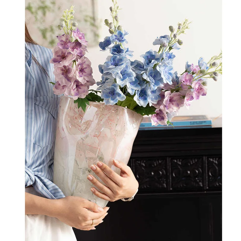 Handblown Marble-Effect Tall Sculptural Glass Vase with Organic Ruffled Rim Stornfield