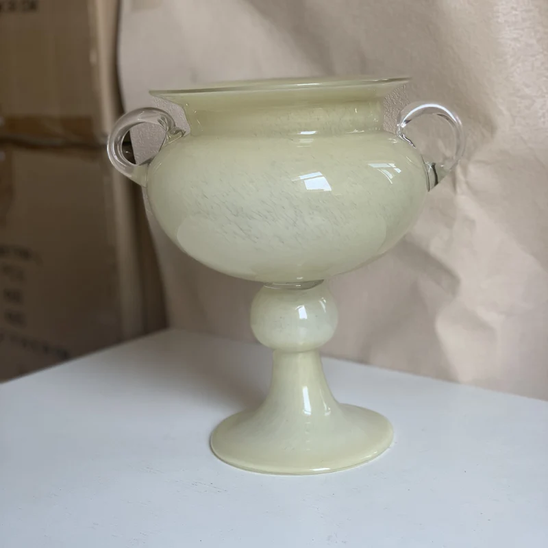 Handblown Footed Pedestal Glass Urn Vase with Applied Loop Handles Stornfield