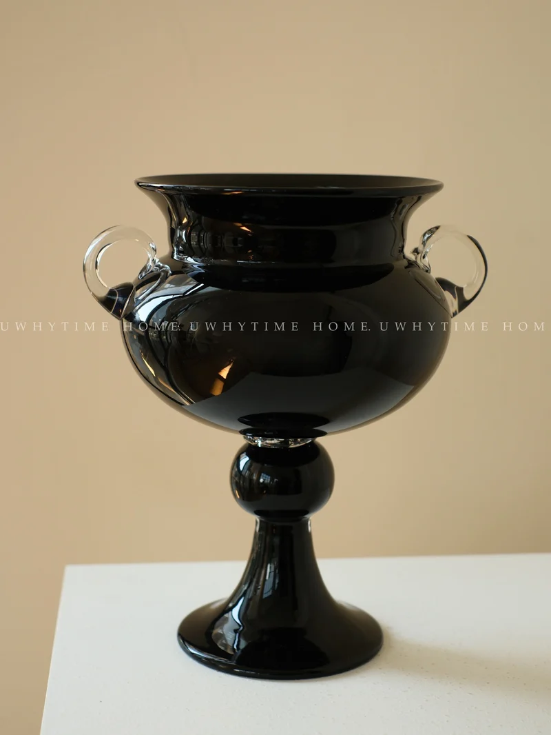 Handblown Footed Pedestal Glass Urn Vase with Applied Loop Handles Stornfield