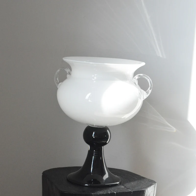 Handblown Footed Pedestal Glass Urn Vase with Applied Loop Handles Stornfield