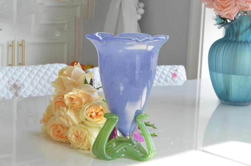 Handblown Fluted Pedestal Art Glass Trumpet Vase Stornfield