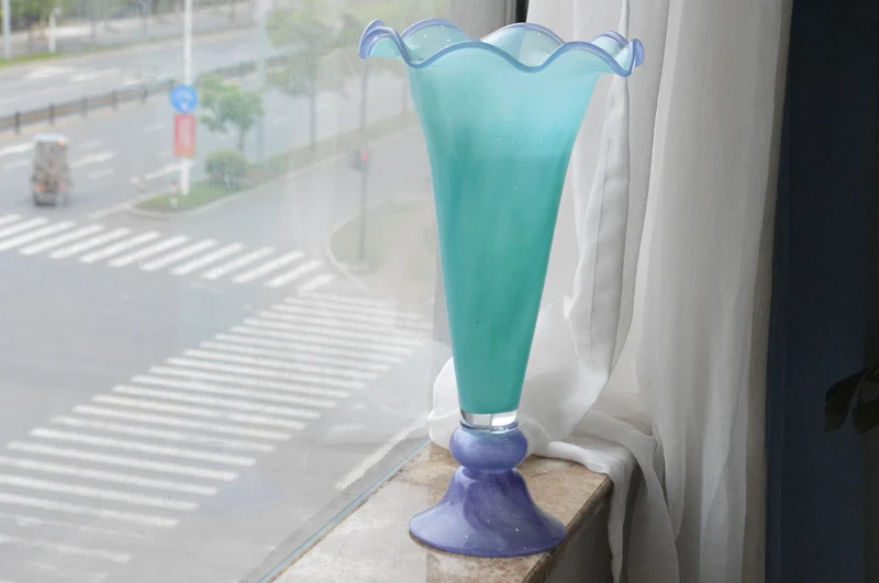 Handblown Fluted Pedestal Art Glass Trumpet Vase Stornfield