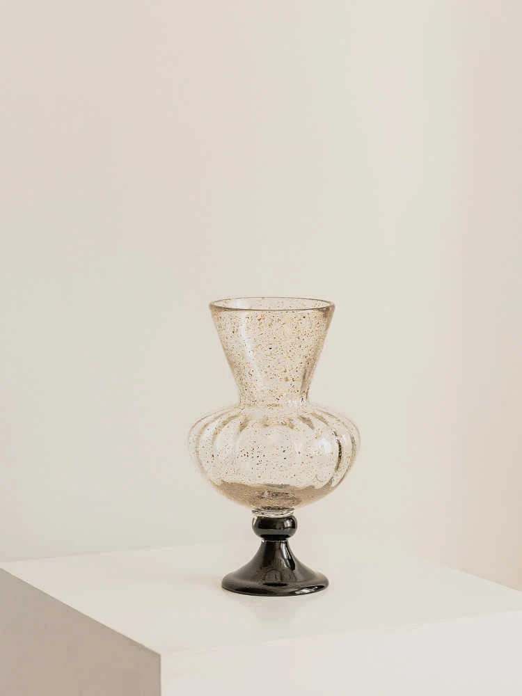 Decorative Blown Glass Ribbed Bulb Vase with Goblet Pedestal Stornfield