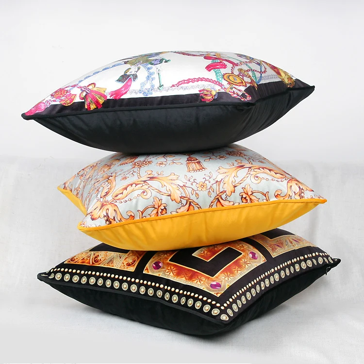 Vintage Equestrian Square Throw Pillow Cover with Piped Velvet Trim and Hidden Zipper