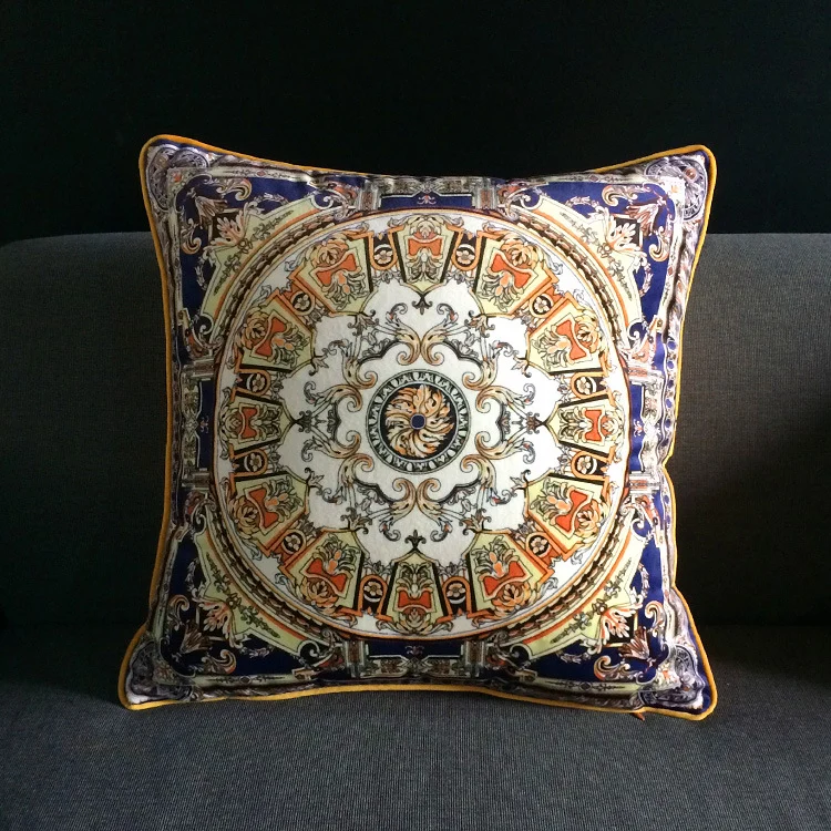 Vintage Equestrian Square Throw Pillow Cover with Piped Velvet Trim and Hidden Zipper