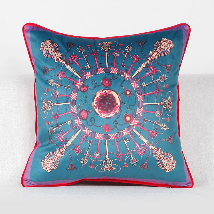 Vintage Equestrian Square Throw Pillow Cover with Piped Velvet Trim and Hidden Zipper