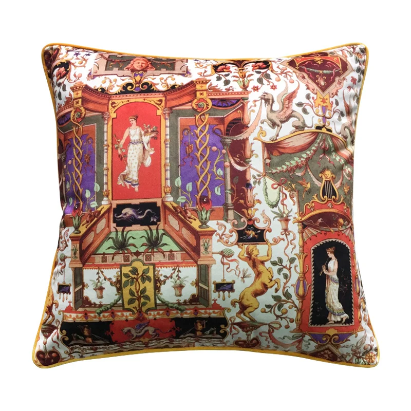 Vintage Equestrian Square Throw Pillow Cover with Piped Velvet Trim and Hidden Zipper