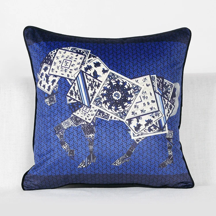 Vintage Equestrian Square Throw Pillow Cover with Piped Velvet Trim and Hidden Zipper