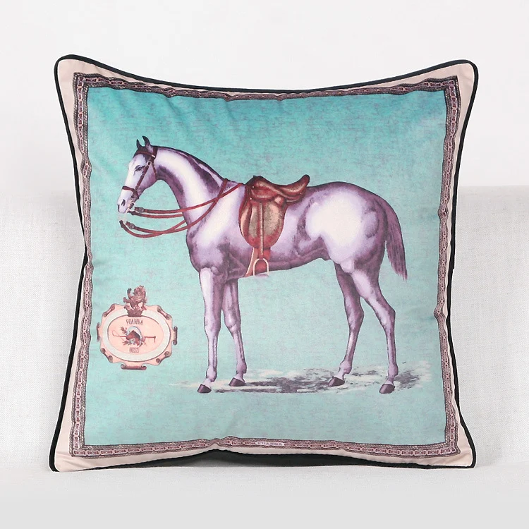 Vintage Equestrian Square Throw Pillow Cover with Piped Velvet Trim and Hidden Zipper