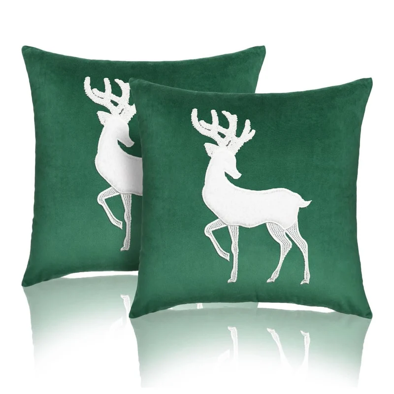 Velvet Reindeer Appliqué Square Throw Pillow Cover with Hidden Zipper