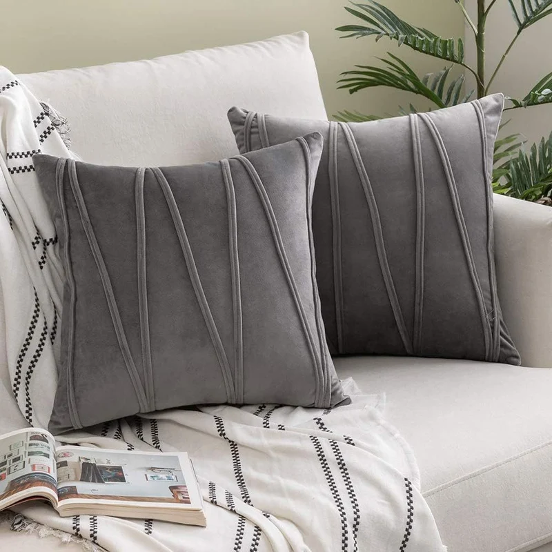 Velvet Pleated Square Decorative Throw Pillow Covers with Channel Stitching