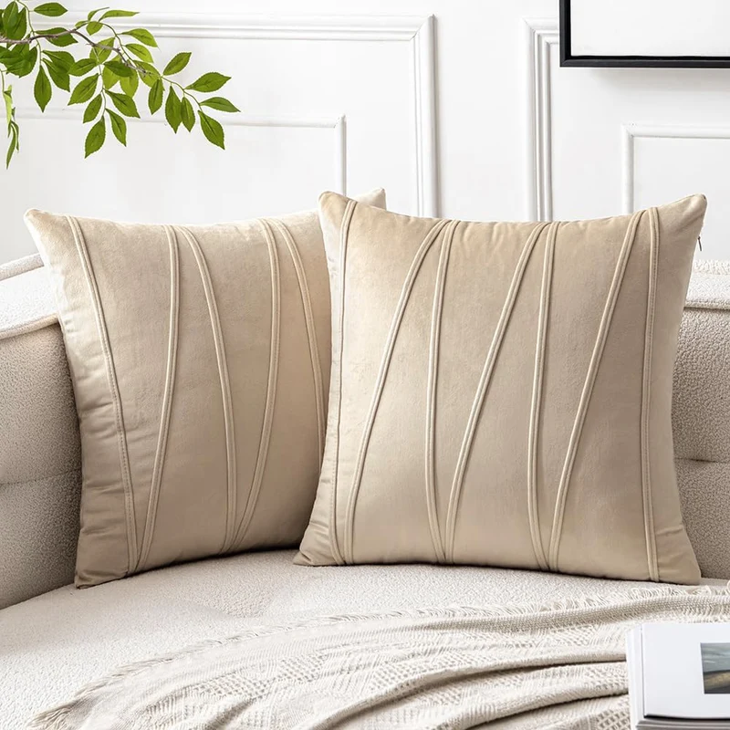 Velvet Pleated Square Decorative Throw Pillow Covers with Channel Stitching