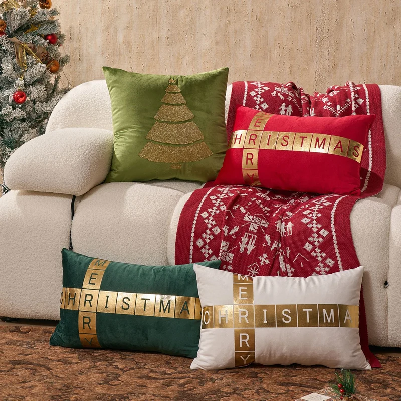 Velvet Foil-Block Crossword Lumbar Throw Pillow Cover with Hidden Zipper