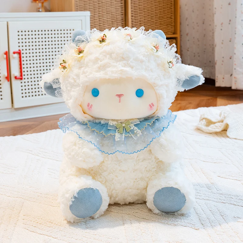 Plush Lamb Sitting Collectible with Floral Lace Headband and Decorative Ruffle Collar Stornfield