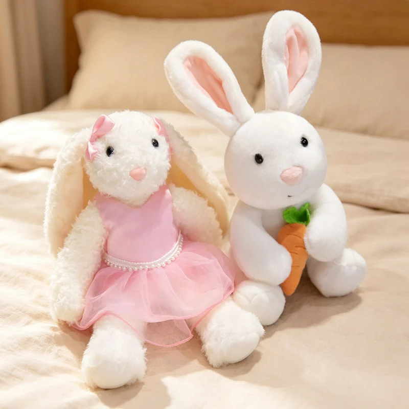 Plush Floral-Lined Ear Bunny Stuffed Toy with Embroidered Face and Curly Faux Fur Stornfield
