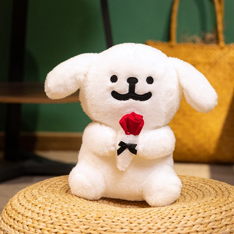 Plush Dog Holding Fabric Rose Decorative Soft Toy with Embroidered Face and Bow Stornfield