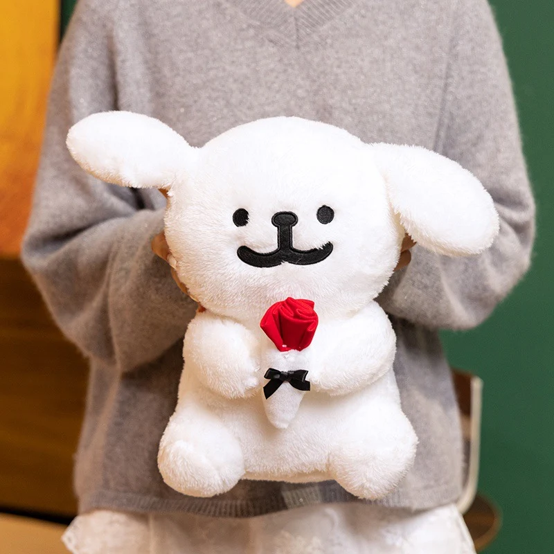 Plush Dog Holding Fabric Rose Decorative Soft Toy with Embroidered Face and Bow Stornfield