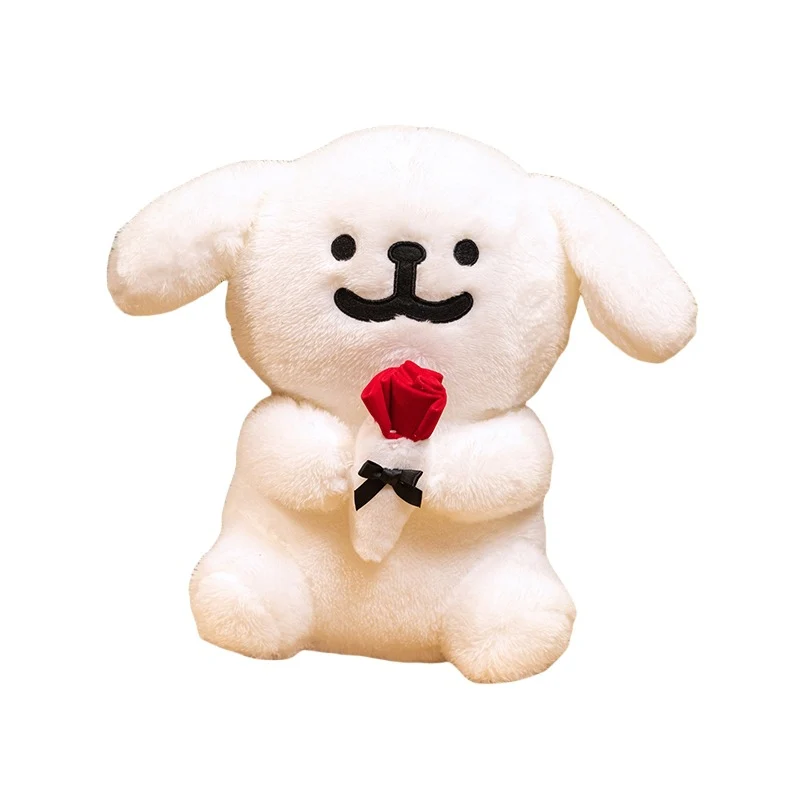 Plush Dog Holding Fabric Rose Decorative Soft Toy with Embroidered Face and Bow Stornfield